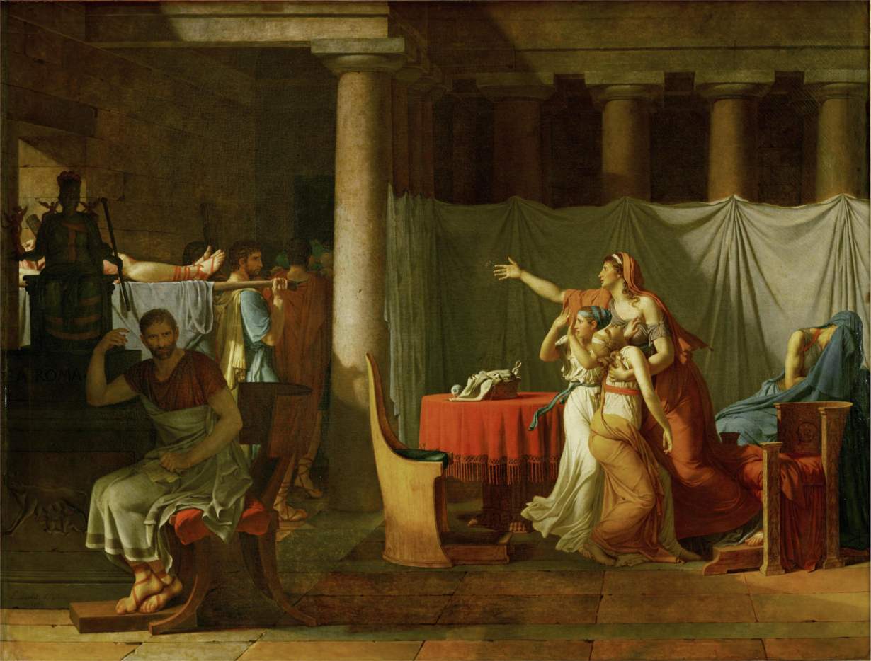 上图:法国大革命画家雅克-路易·大卫(Jacques-Louis David)1789年的油画作品《运送布鲁图斯儿子尸体的军士们 The Lictors Bring to Brutus the Bodies of His Sons》。布鲁图斯(Lucius Junius Brutus)是罗马共和国的建立者,担任罗马第一任执政官。他「按着公义审判」了参与密谋恢复帝制的两个儿子,下令处决了他们。画中的布鲁图斯背对着两个儿子的尸体,对国家大事作冷静的理性思考,而他的妻子和两个女儿却为亲情而悲痛不已。画家主张艺术为政治服务,用中间的柱子把画面分成两部分:左侧是国家利益、理性思考,这是他所推崇的;右侧是家庭价值、人伦亲情,这是他所批判的。这幅作品反映并鼓舞了法国大革命的「公义」思想,画家本人也按着这种人间的「公义」,投票把善良的法国国王路易十六(Louis XVI,1774-1791年在位)于1793年推上了断头台。而一年之后,宣布「路易必须死,因为共和国必须生」的雅各宾派革命领袖罗伯斯比尔(Maximilien de Robespierre),也被更「公义」的革命者送上了断头台。