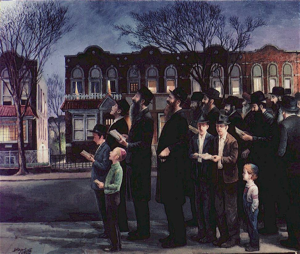 上图:油画《布鲁克林祝圣新月 Kiddush Levanah in Brooklyn》(Zalman Kleinman绘制)。犹太历是根据月相变化制定的,犹太人会在每个月的第3到14天,选择一个月光够亮的晚上,在室外对着月亮诵读特定的祈祷词(包括诗148:1-6;歌2:8-9;诗121;诗150;诗67),然后载歌载舞庆祝。这一仪式称为祝圣新月(Kiddush Levanah,or Sanctification of the Moon)。如果月亮完全被云遮挡,就不举行这个仪式。