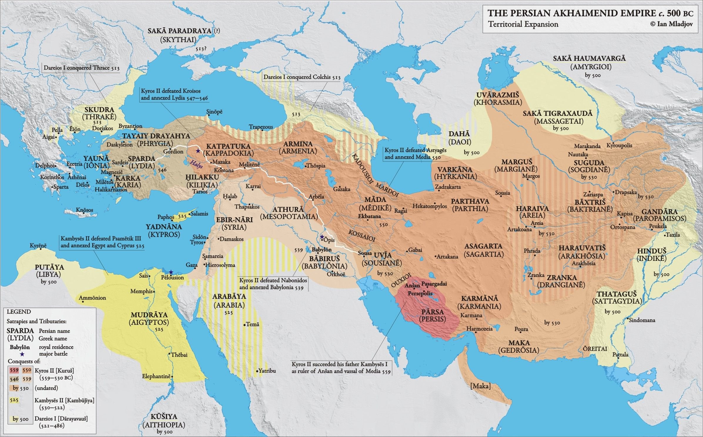 上图:波斯第一帝国的最大疆域。阿契美尼德王朝(Achaemenid Empire,主前550年-前330年),也称波斯第一帝国,是历史上第一个横跨欧亚非三洲的帝国。极盛时期的领土疆域东起印度河平原,西至小亚细亚、欧洲的巴尔干半岛的色雷斯,西南至埃及、利比亚、努比亚和阿比西尼亚。主前480年代大流士一世去世时的波斯帝国,领土面积约为600万平方公里,人口峰值约为1800万。
