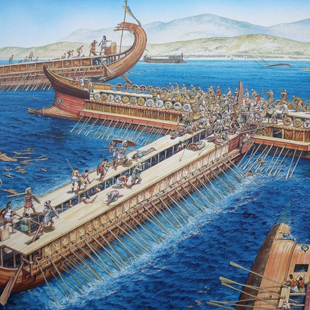 上图:萨拉米斯战役(Battle of Salamis)艺术想象图。主前480年,亚哈随鲁王远征希腊。在温泉关战役中,希腊重装步兵坚守了7天,斯巴达国王及300勇士战死。9月,兵力处于劣势的希腊联军诱使波斯舰队试图封锁狭窄的萨拉米斯海峡。庞大的波斯舰队在海峡内的狭窄水域后难以展开,被早已等待于此的希腊舰队一举击溃,成为第二次希波战争的战略转折点。