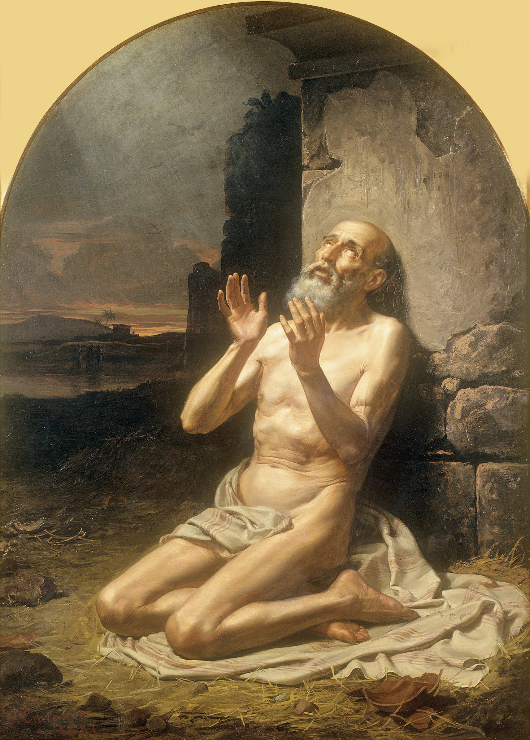 上图:墨西哥耶稣会画家贡萨洛(Gonzalo Carrasco Espinosa,1859-1936年)1881年的油画《约伯在粪堆中 Job on the Dunghill》,描绘「我厌烦我的性命,必由着自己述说我的哀情;因心里苦恼,我要说话」(伯十1)。