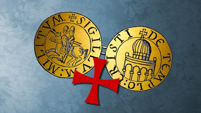 上图:十字军时代的圣殿骑士团印章(Knights Templar Seal),背面的岩石圆顶(Dome of the Rock)顶部是十字架,被称为圣殿多米尼(Templum Domini)。1099年十字军占领耶路撒冷以后,阿克萨清真寺(Al-Aqsa Mosque)被称为所罗门圣殿(Templum Solomonis),成为圣殿骑士团(Knights Templar)的总部。1119年,岩石圆顶被认定为所罗门圣殿的原址。1187年,耶路撒冷被萨拉丁夺回,岩石圆顶的十字架被月牙形取代。